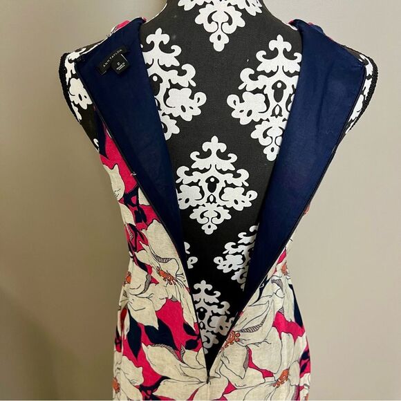 ANN TAYLOR Linen Blend Sleeveless A-Line Dress Navy Pink Cream Size 2 - Picture 7 of 10
